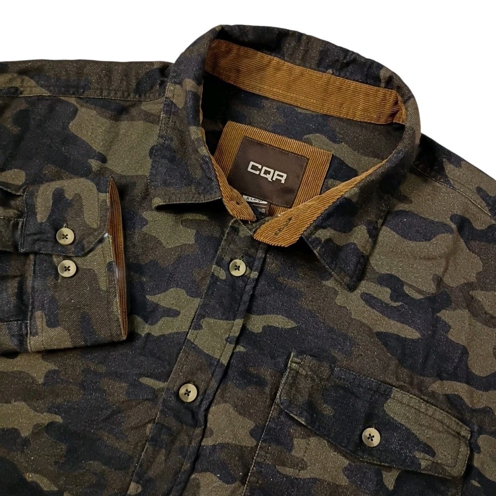 CQR‎ Flannel Shirt Mens XL Green Camo Camouflage Lightweight Pocket Work Outdoor